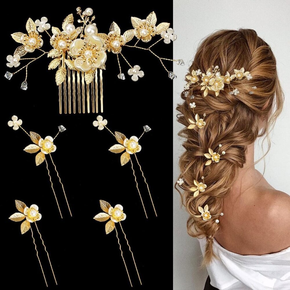 5 Pieces Gold Leaf Hair Pins Flower Pearl Hair Forks Bridal Hair Clips Headpiece